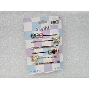 Sophi Gold-Tone Hair Bobby Pins Set With Rhinestone & Butterfly Accents - 6 Pcs
